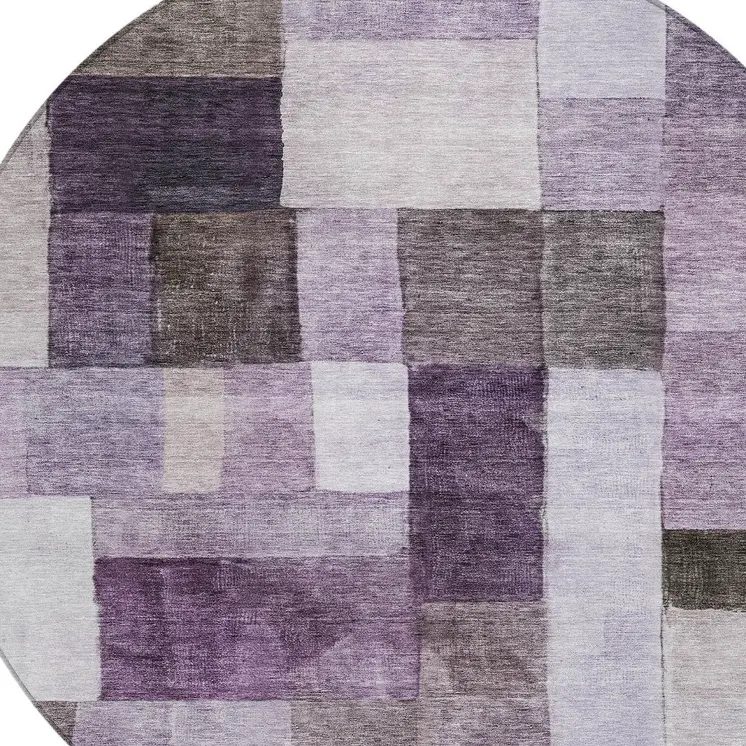 8' Eggplant Black And Lavender Round Geometric Washable Indoor Outdoor Area Rug