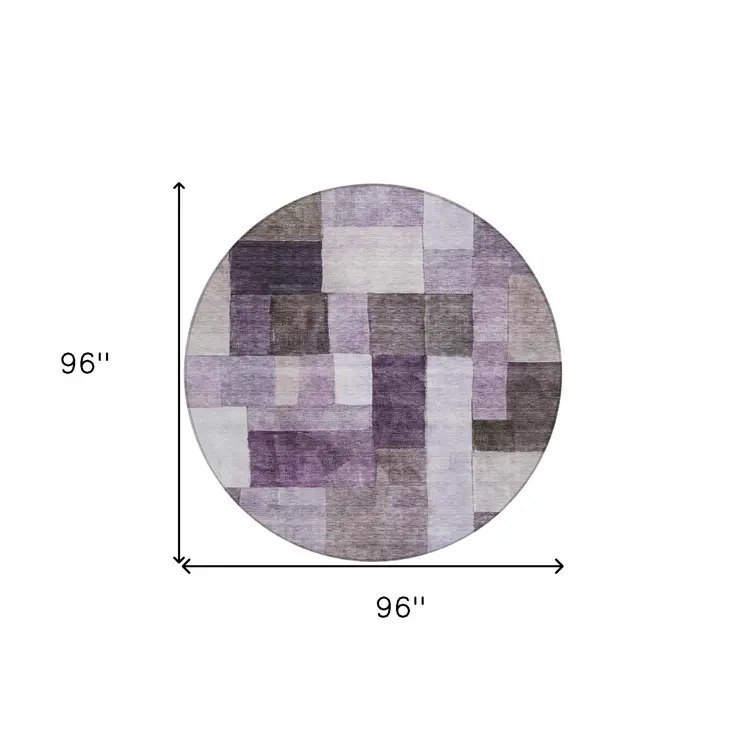 8' Eggplant Black And Lavender Round Geometric Washable Indoor Outdoor Area Rug