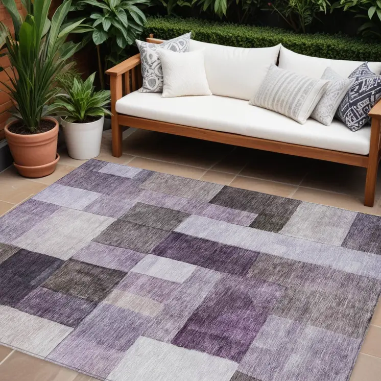 9' X 12' Eggplant Black And Lavender Geometric Washable Indoor Outdoor Area Rug