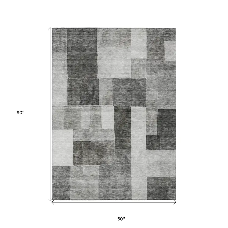 5' X 8' Pewter And Black Geometric Washable Indoor Outdoor Area Rug