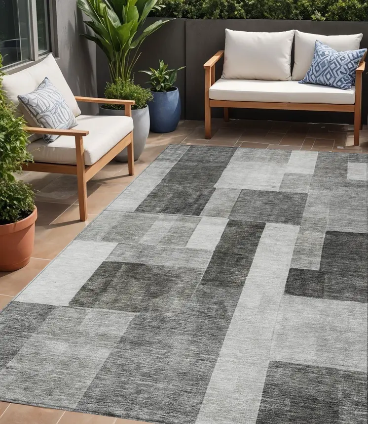 5' X 8' Pewter And Black Geometric Washable Indoor Outdoor Area Rug