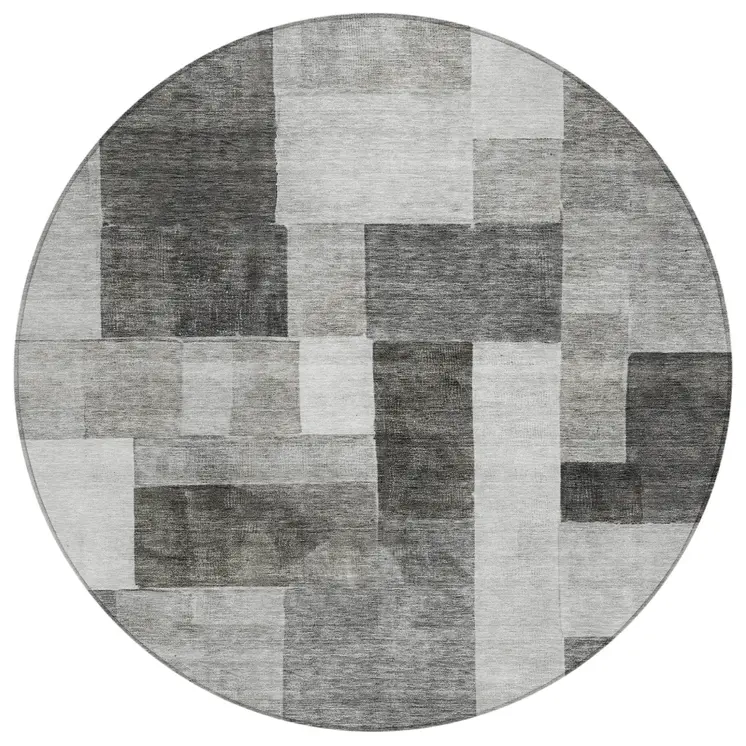 8' Pewter And Black Round Geometric Washable Indoor Outdoor Area Rug