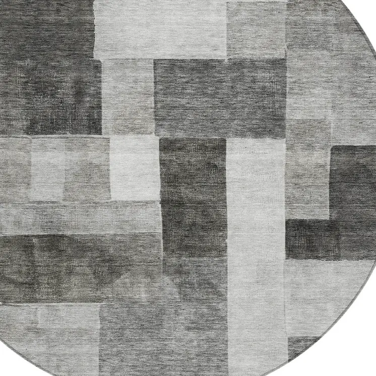 8' Pewter And Black Round Geometric Washable Indoor Outdoor Area Rug