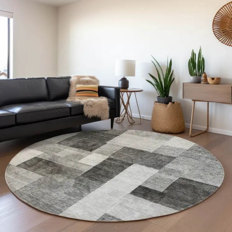 8' Pewter And Black Round Geometric Washable Indoor Outdoor Area Rug