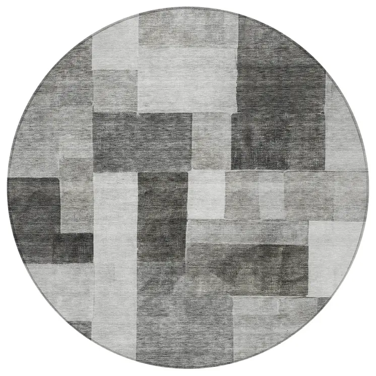 8' Pewter And Black Round Geometric Washable Indoor Outdoor Area Rug