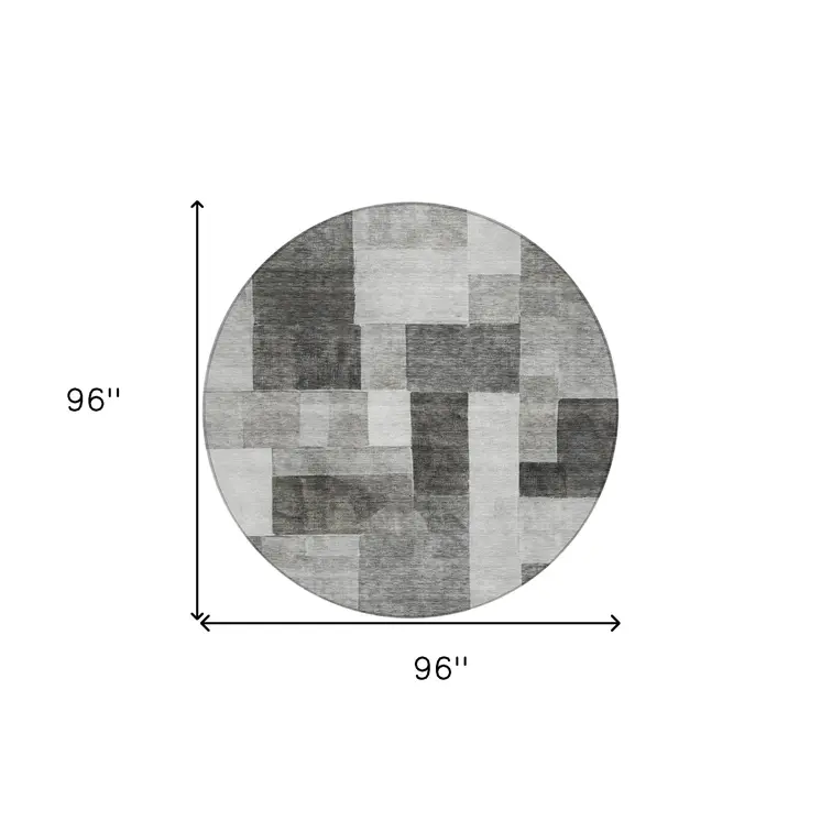 8' Pewter And Black Round Geometric Washable Indoor Outdoor Area Rug