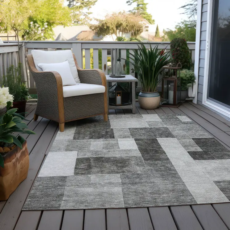 8' X 10' Pewter And Black Geometric Washable Indoor Outdoor Area Rug