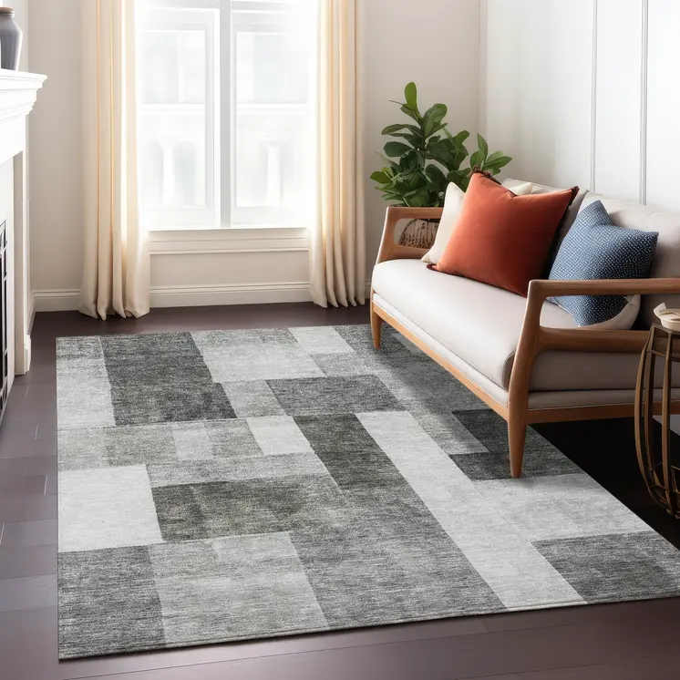 8' X 10' Pewter And Black Geometric Washable Indoor Outdoor Area Rug