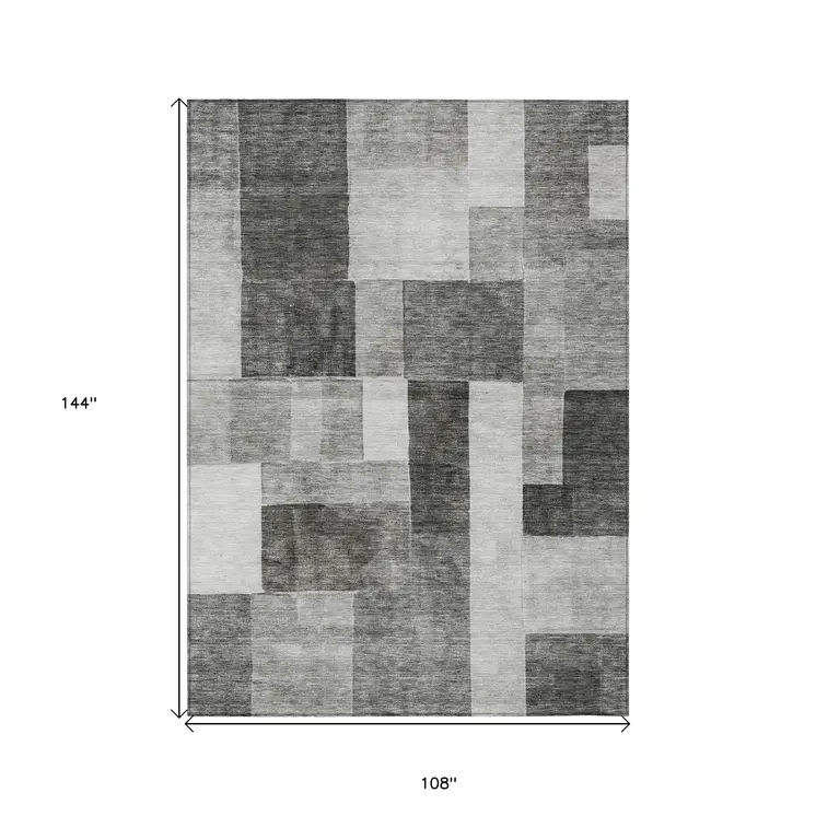 9' X 12' Pewter And Black Geometric Washable Indoor Outdoor Area Rug