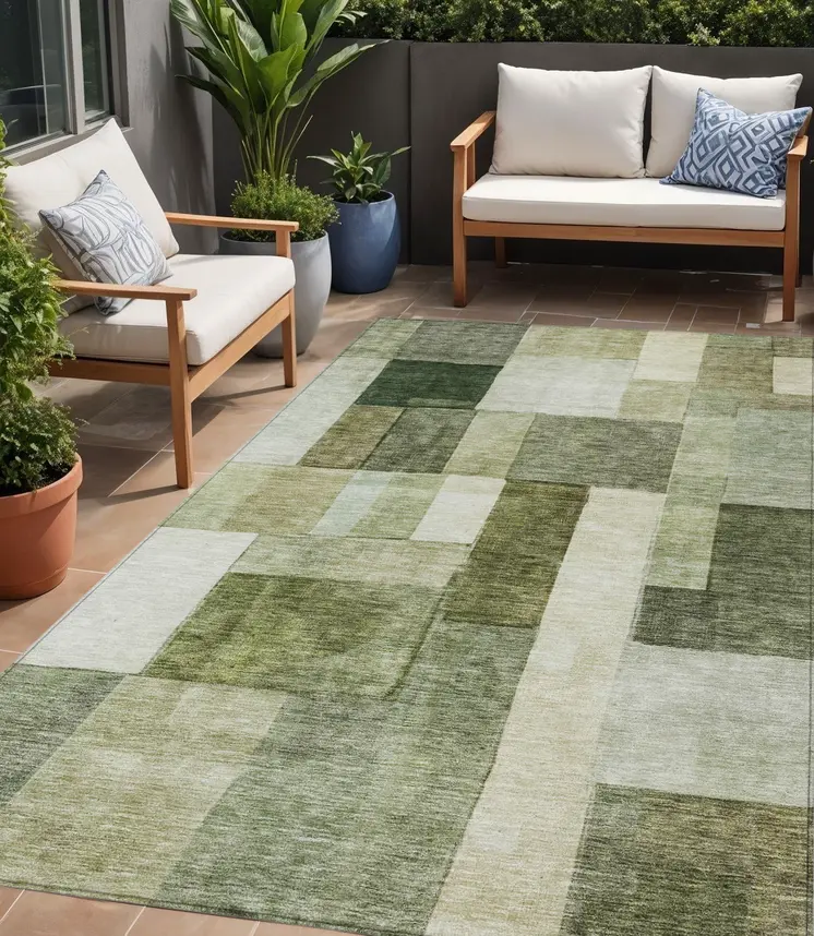 5' X 8' Sage And Fern Green Geometric Washable Indoor Outdoor Area Rug