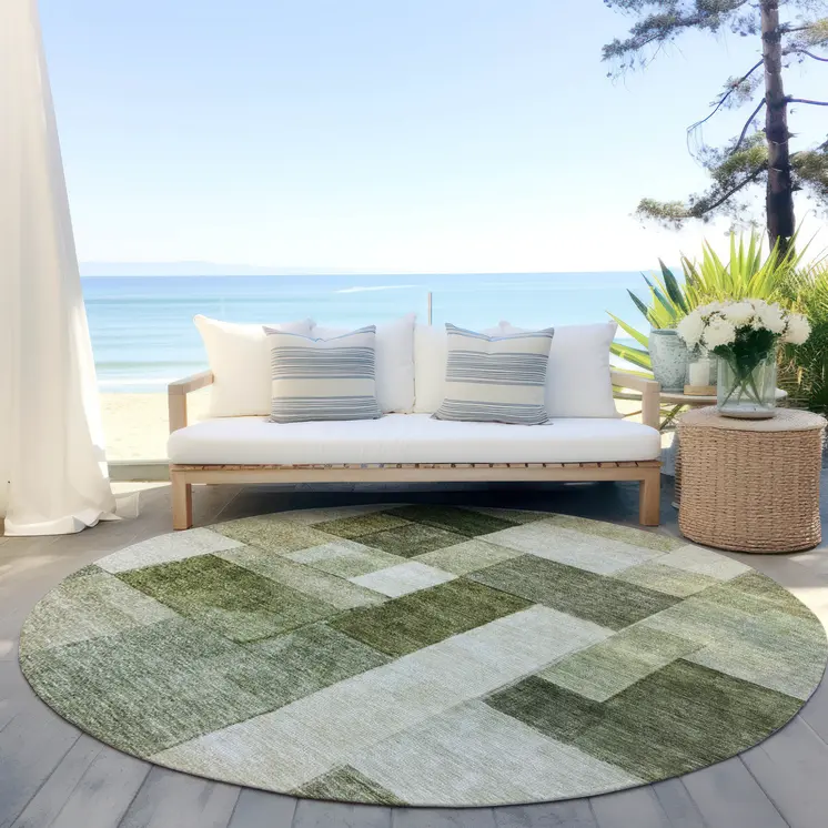 8' Sage And Fern Green Round Geometric Washable Indoor Outdoor Area Rug