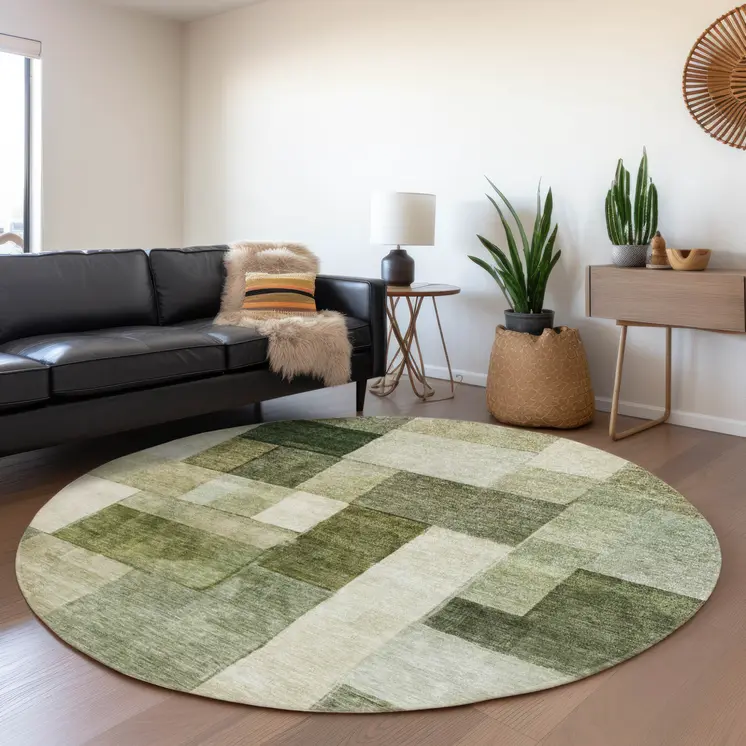 8' Sage And Fern Green Round Geometric Washable Indoor Outdoor Area Rug