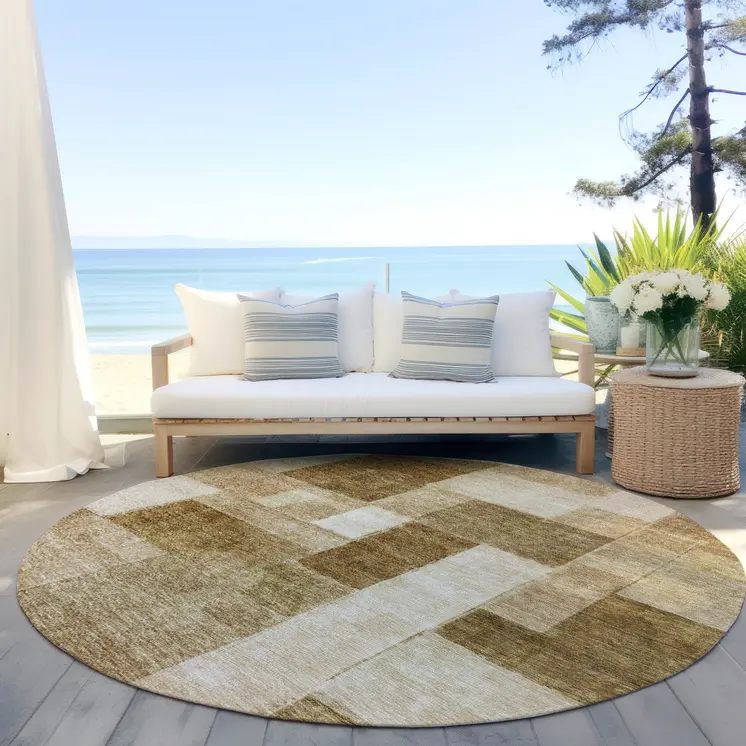 8' Terra Cotta Beige And Brown Round Geometric Washable Indoor Outdoor Area Rug
