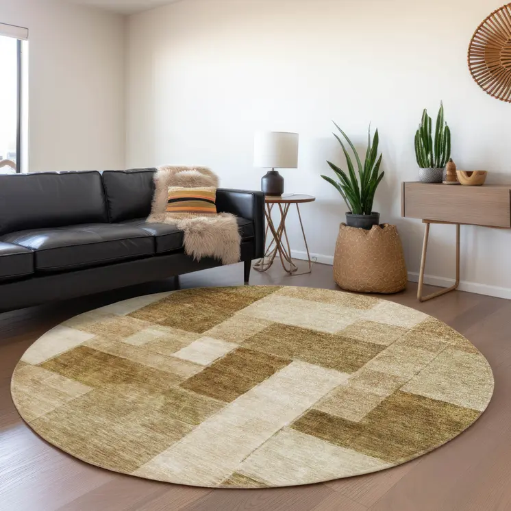 8' Terra Cotta Beige And Brown Round Geometric Washable Indoor Outdoor Area Rug