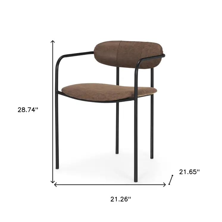 Brown and Black Faux Leather And Metal Open Back Dining Arm Chair