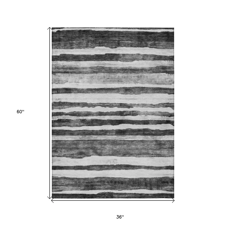 3' X 5' Charcoal And Gray Striped Washable Indoor Outdoor Area Rug