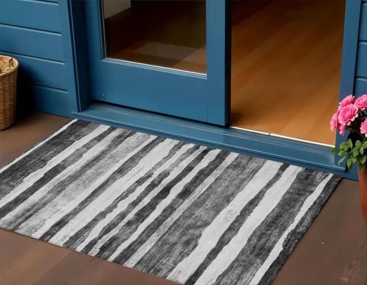 3' X 5' Charcoal And Gray Striped Washable Indoor Outdoor Area Rug