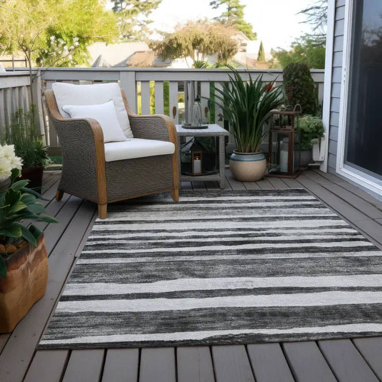 3' X 5' Charcoal And Gray Striped Washable Indoor Outdoor Area Rug