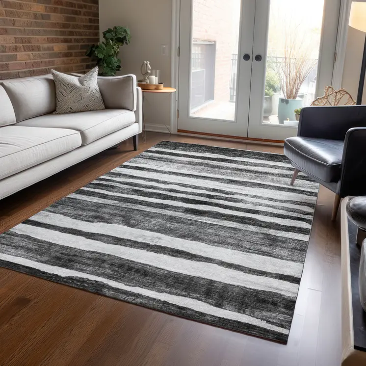 3' X 5' Charcoal And Gray Striped Washable Indoor Outdoor Area Rug