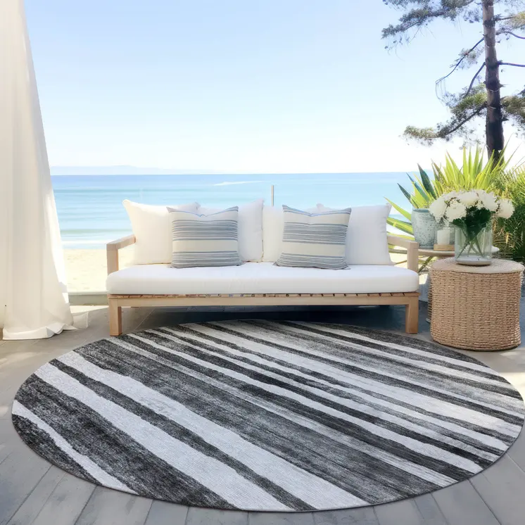 8' Charcoal And Gray Round Striped Washable Indoor Outdoor Area Rug