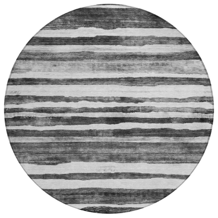 8' Charcoal And Gray Round Striped Washable Indoor Outdoor Area Rug
