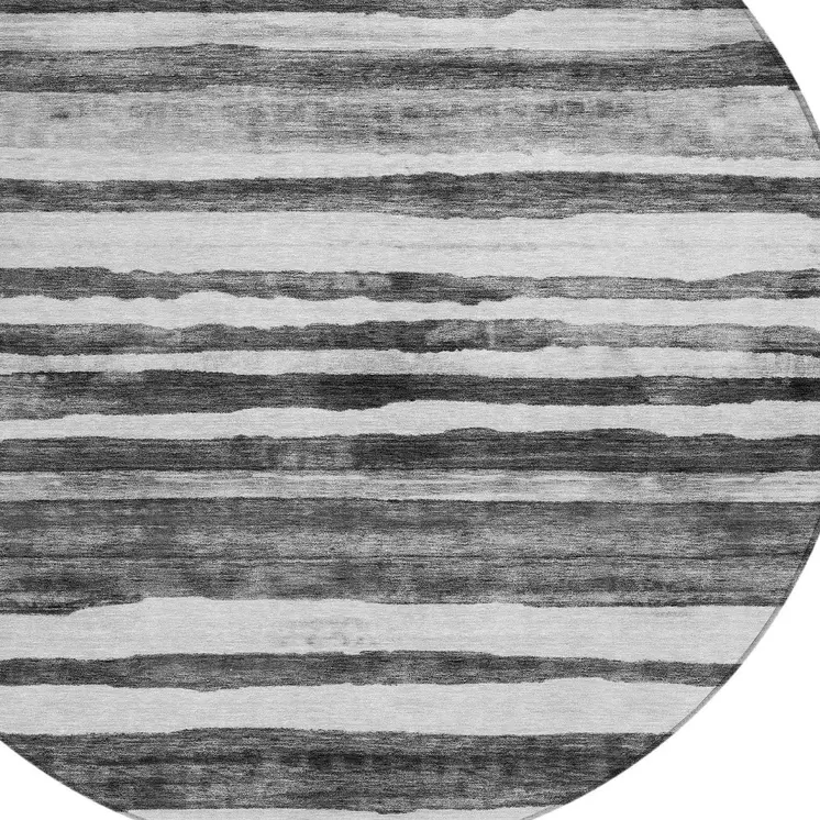 8' Charcoal And Gray Round Striped Washable Indoor Outdoor Area Rug