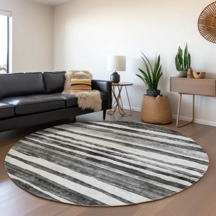 8' Charcoal And Gray Round Striped Washable Indoor Outdoor Area Rug