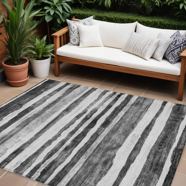 10' X 14' Charcoal And Gray Striped Washable Indoor Outdoor Area Rug