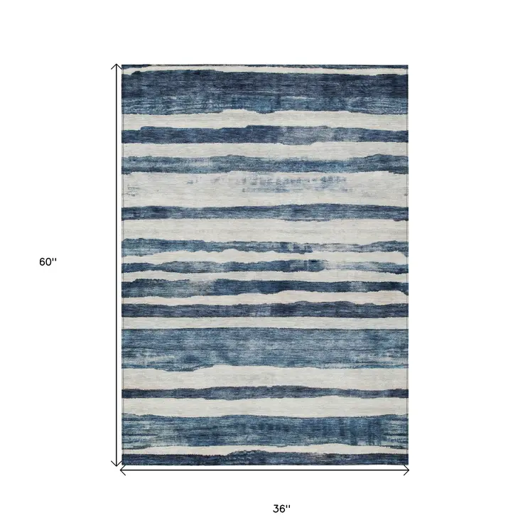 3' X 5' Denim Blue And Gray Striped Washable Indoor Outdoor Area Rug