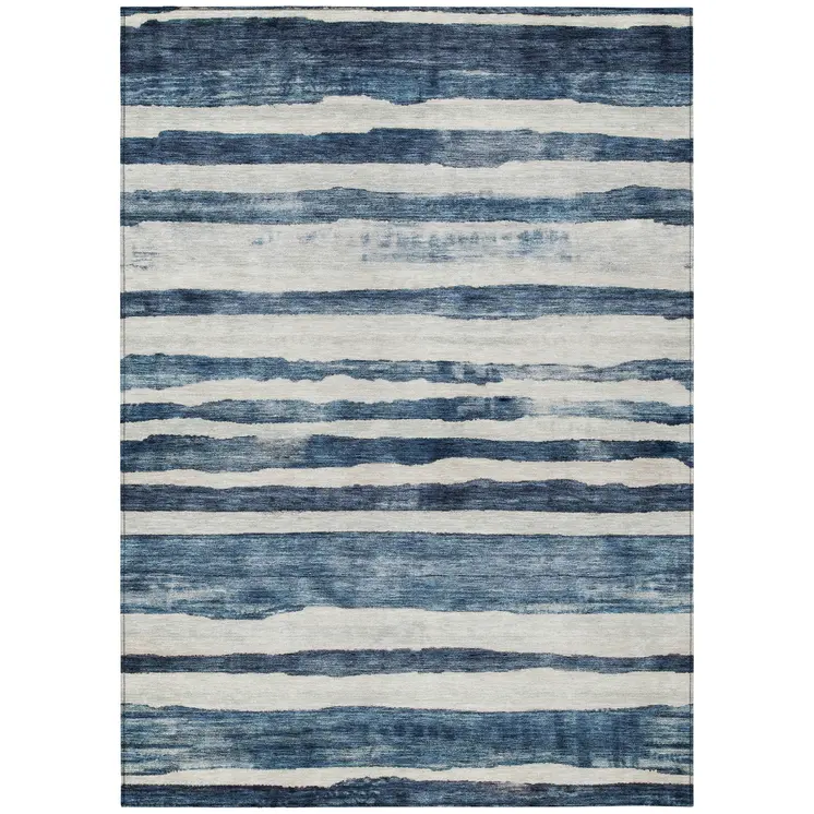 3' X 5' Denim Blue And Gray Striped Washable Indoor Outdoor Area Rug