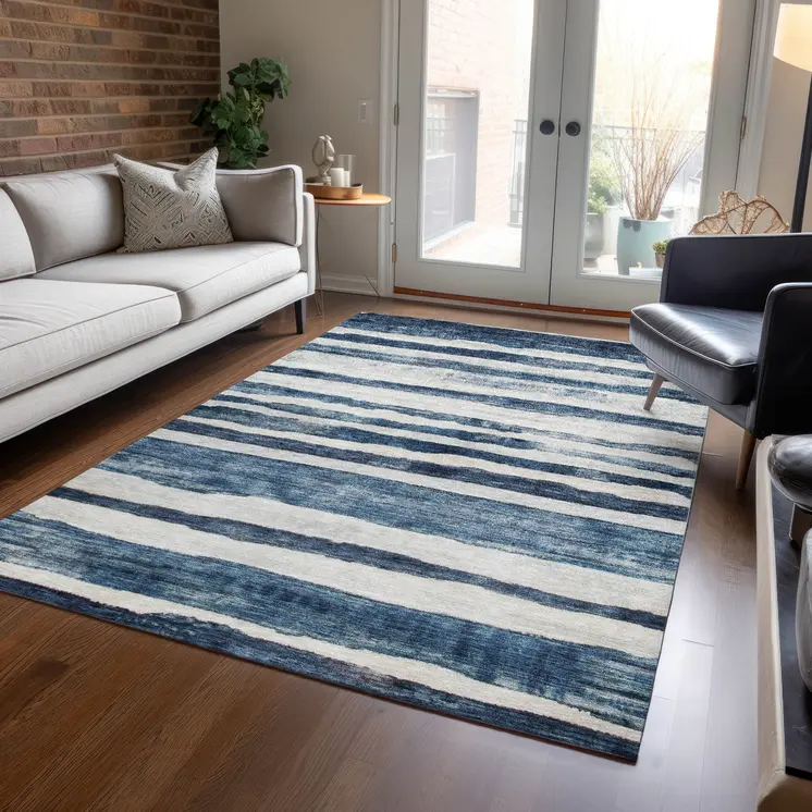 3' X 5' Denim Blue And Gray Striped Washable Indoor Outdoor Area Rug