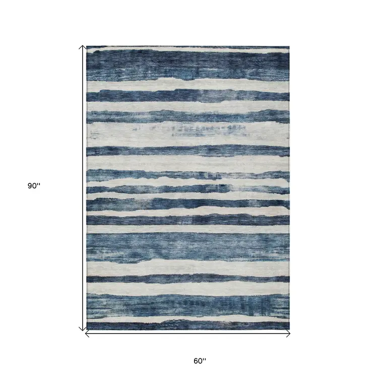 5' X 8' Denim Blue And Gray Striped Washable Indoor Outdoor Area Rug