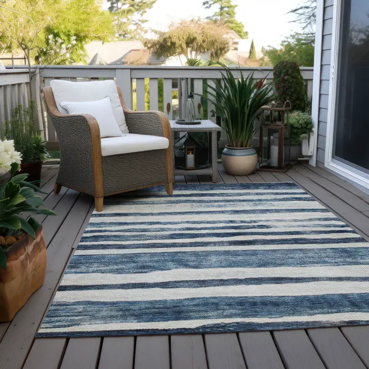 5' X 8' Denim Blue And Gray Striped Washable Indoor Outdoor Area Rug