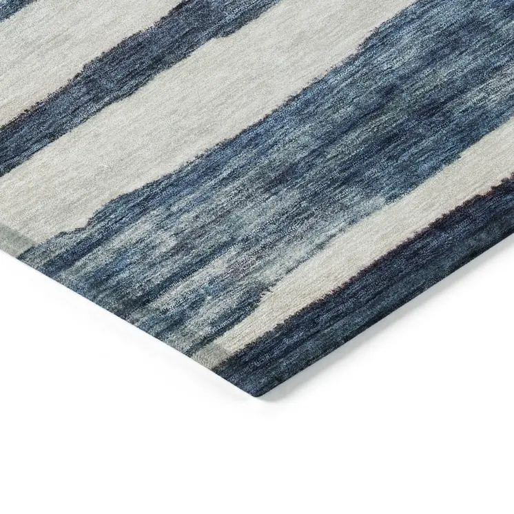 5' X 8' Denim Blue And Gray Striped Washable Indoor Outdoor Area Rug