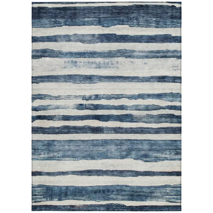 5' X 8' Denim Blue And Gray Striped Washable Indoor Outdoor Area Rug