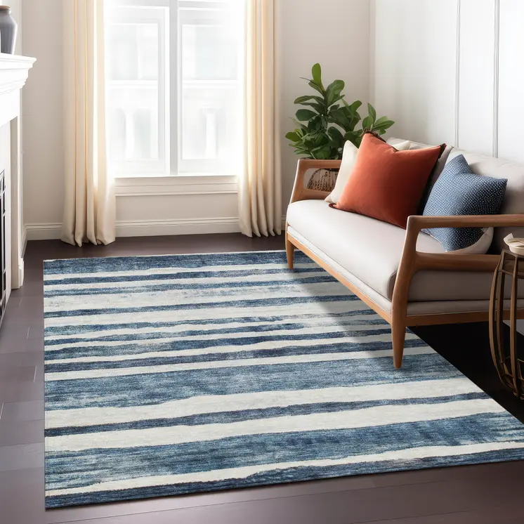 5' X 8' Denim Blue And Gray Striped Washable Indoor Outdoor Area Rug