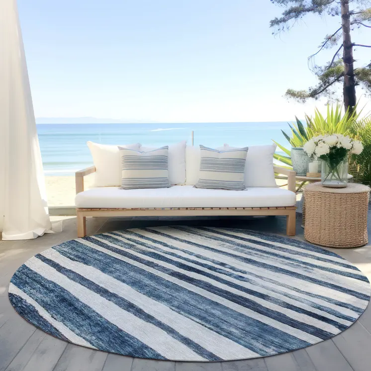 8' Denim Blue And Gray Round Striped Washable Indoor Outdoor Area Rug