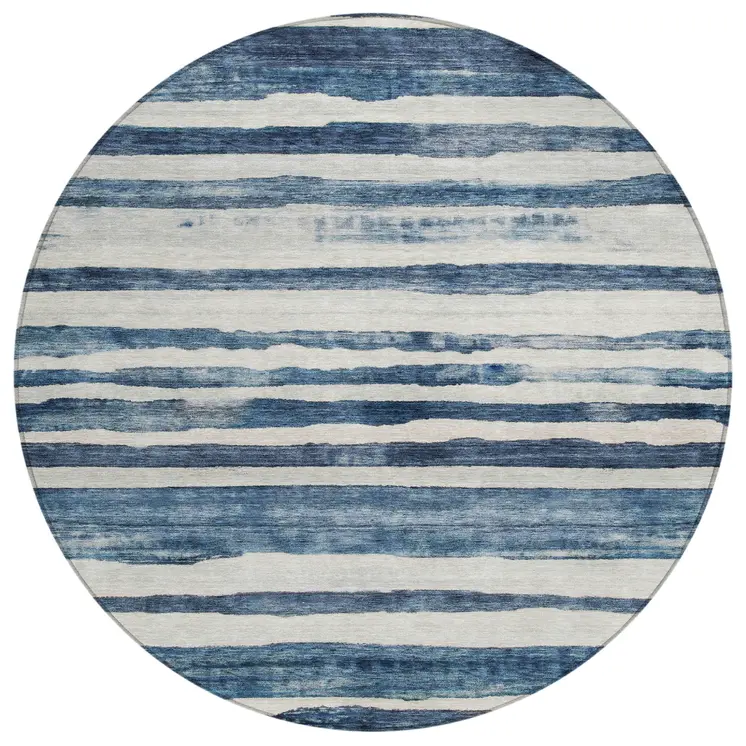 8' Denim Blue And Gray Round Striped Washable Indoor Outdoor Area Rug