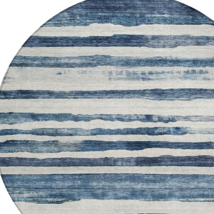8' Denim Blue And Gray Round Striped Washable Indoor Outdoor Area Rug