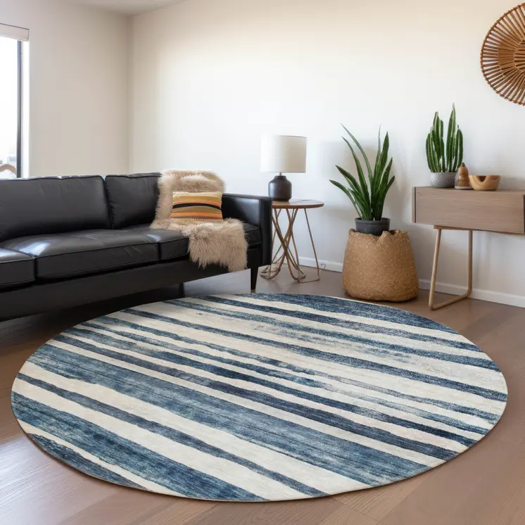 8' Denim Blue And Gray Round Striped Washable Indoor Outdoor Area Rug