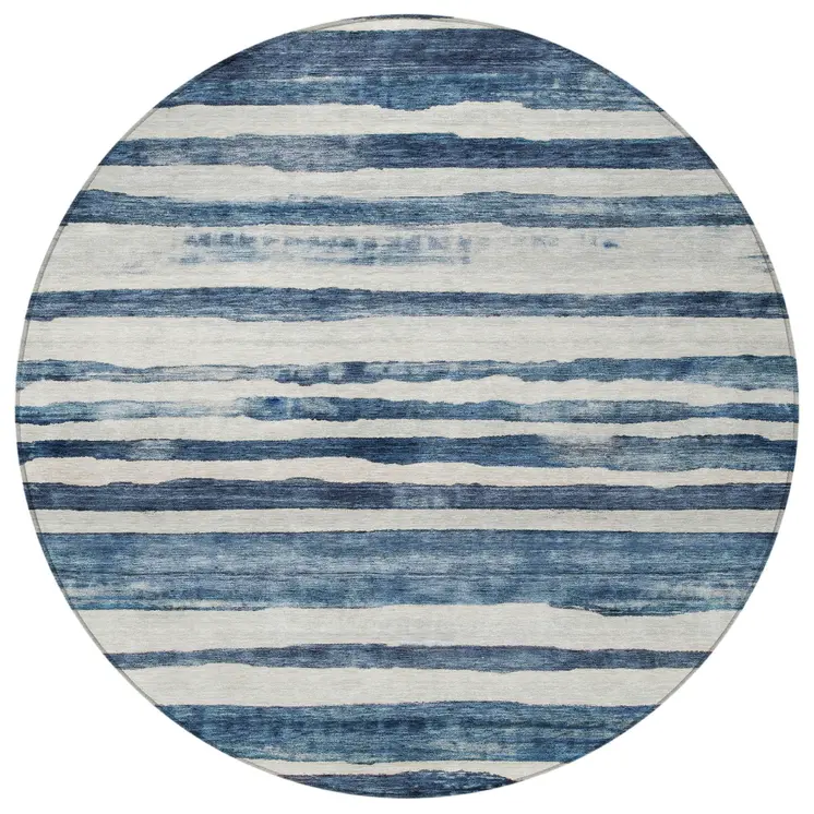 8' Denim Blue And Gray Round Striped Washable Indoor Outdoor Area Rug