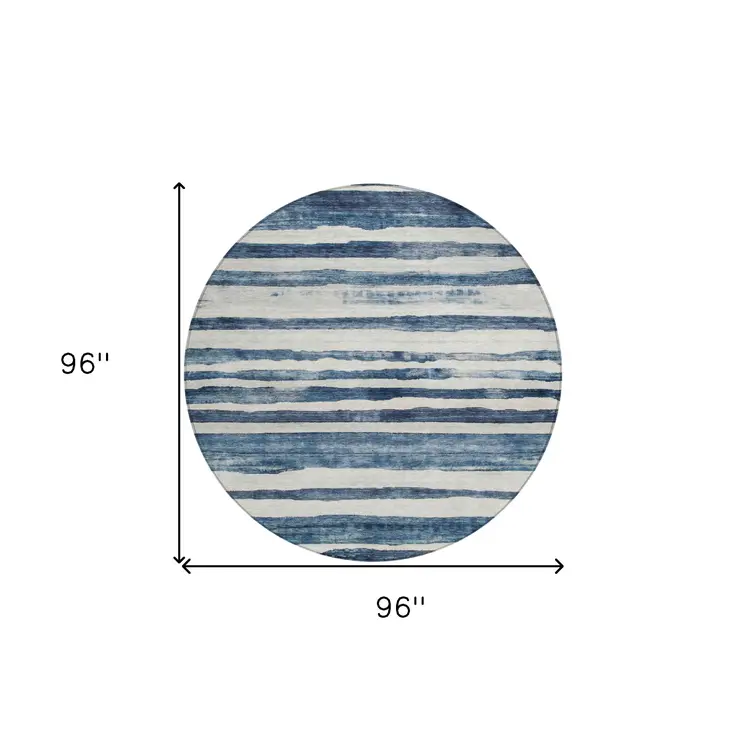 8' Denim Blue And Gray Round Striped Washable Indoor Outdoor Area Rug