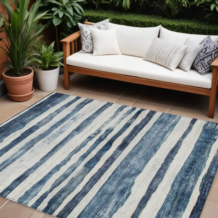 8' X 10' Denim Blue And Gray Striped Washable Indoor Outdoor Area Rug
