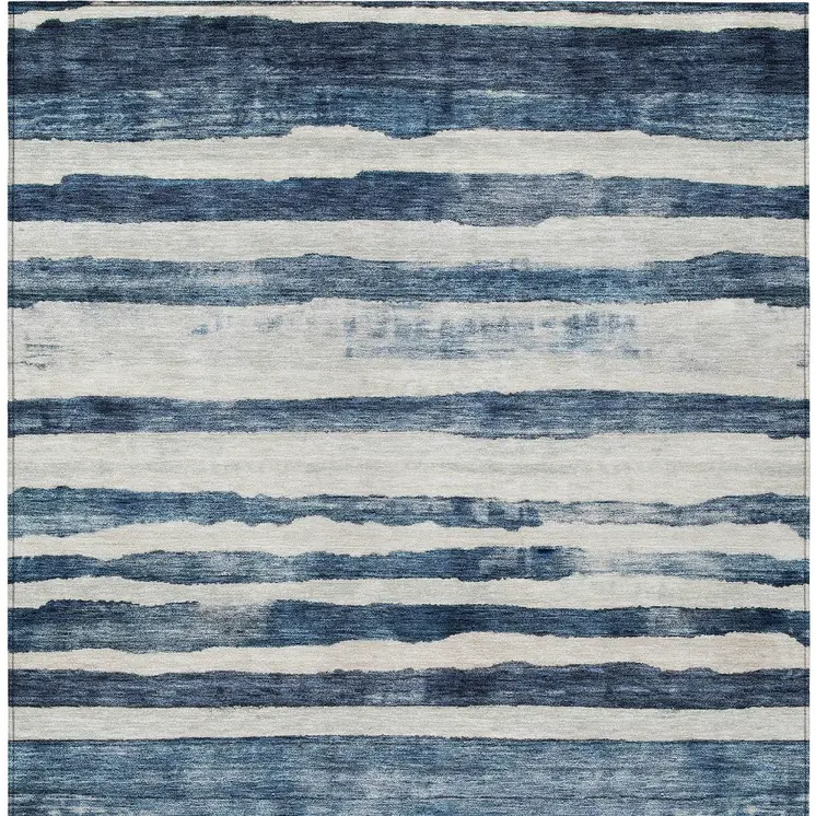 10' X 14' Denim Blue And Gray Striped Washable Indoor Outdoor Area Rug