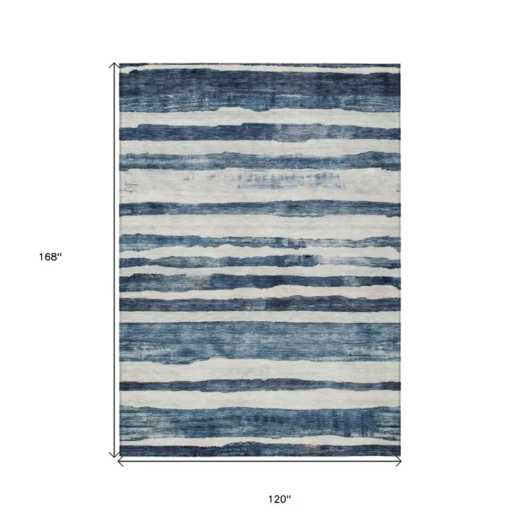 10' X 14' Denim Blue And Gray Striped Washable Indoor Outdoor Area Rug