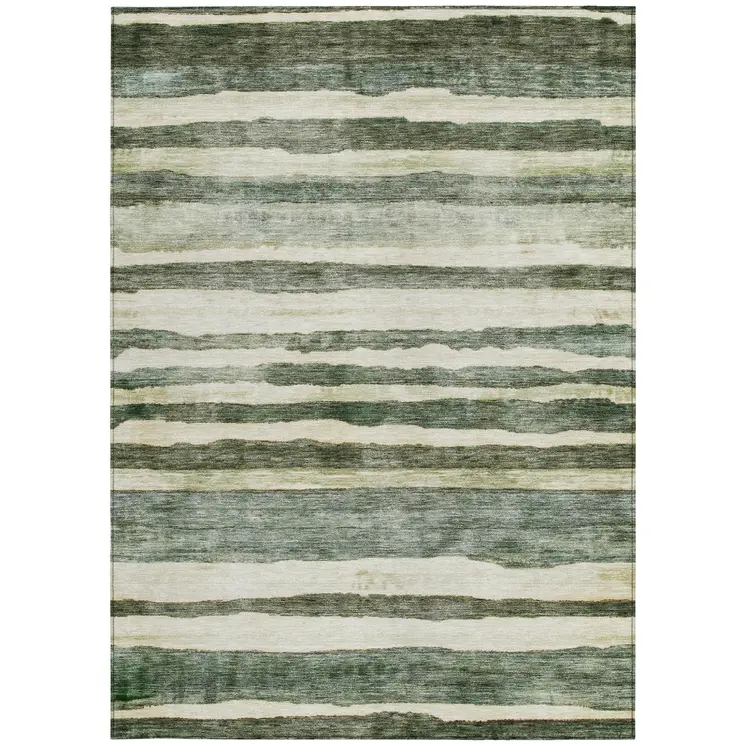 5' X 8' Sage And Beige Striped Washable Indoor Outdoor Area Rug
