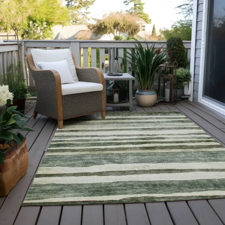 5' X 8' Sage And Beige Striped Washable Indoor Outdoor Area Rug