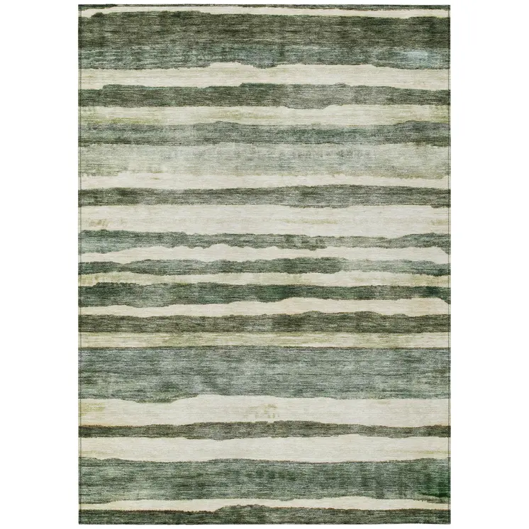 5' X 8' Sage And Beige Striped Washable Indoor Outdoor Area Rug
