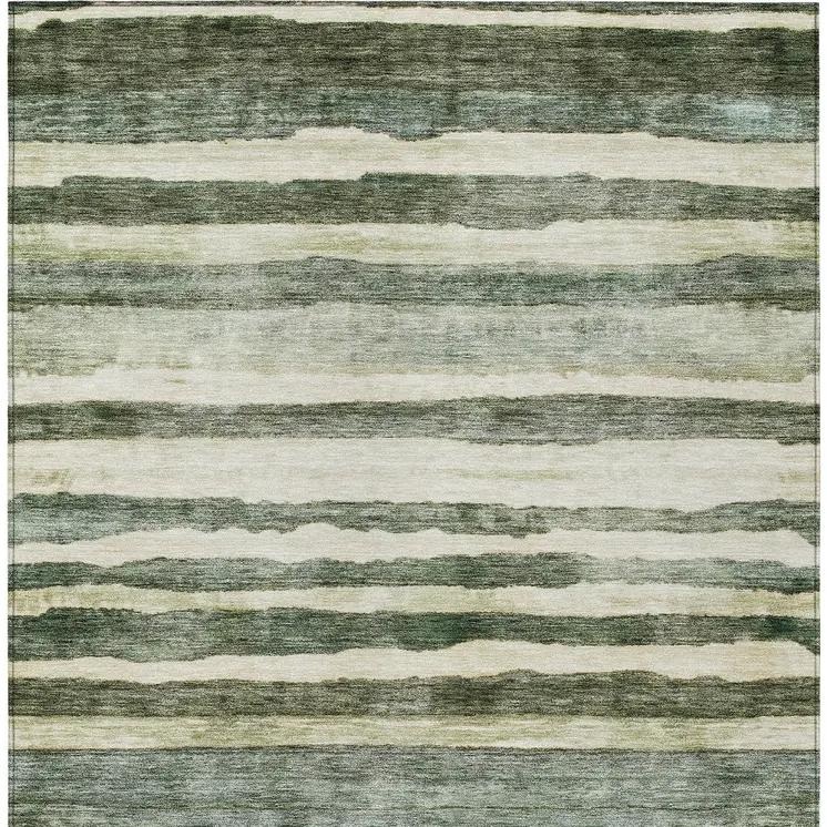 5' X 8' Sage And Beige Striped Washable Indoor Outdoor Area Rug