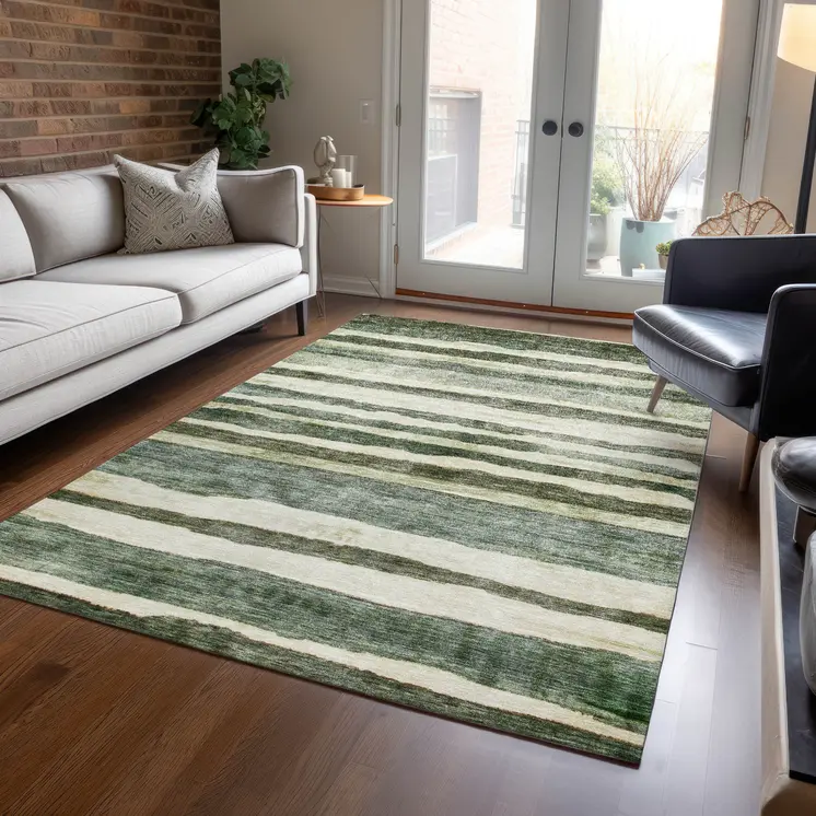 5' X 8' Sage And Beige Striped Washable Indoor Outdoor Area Rug